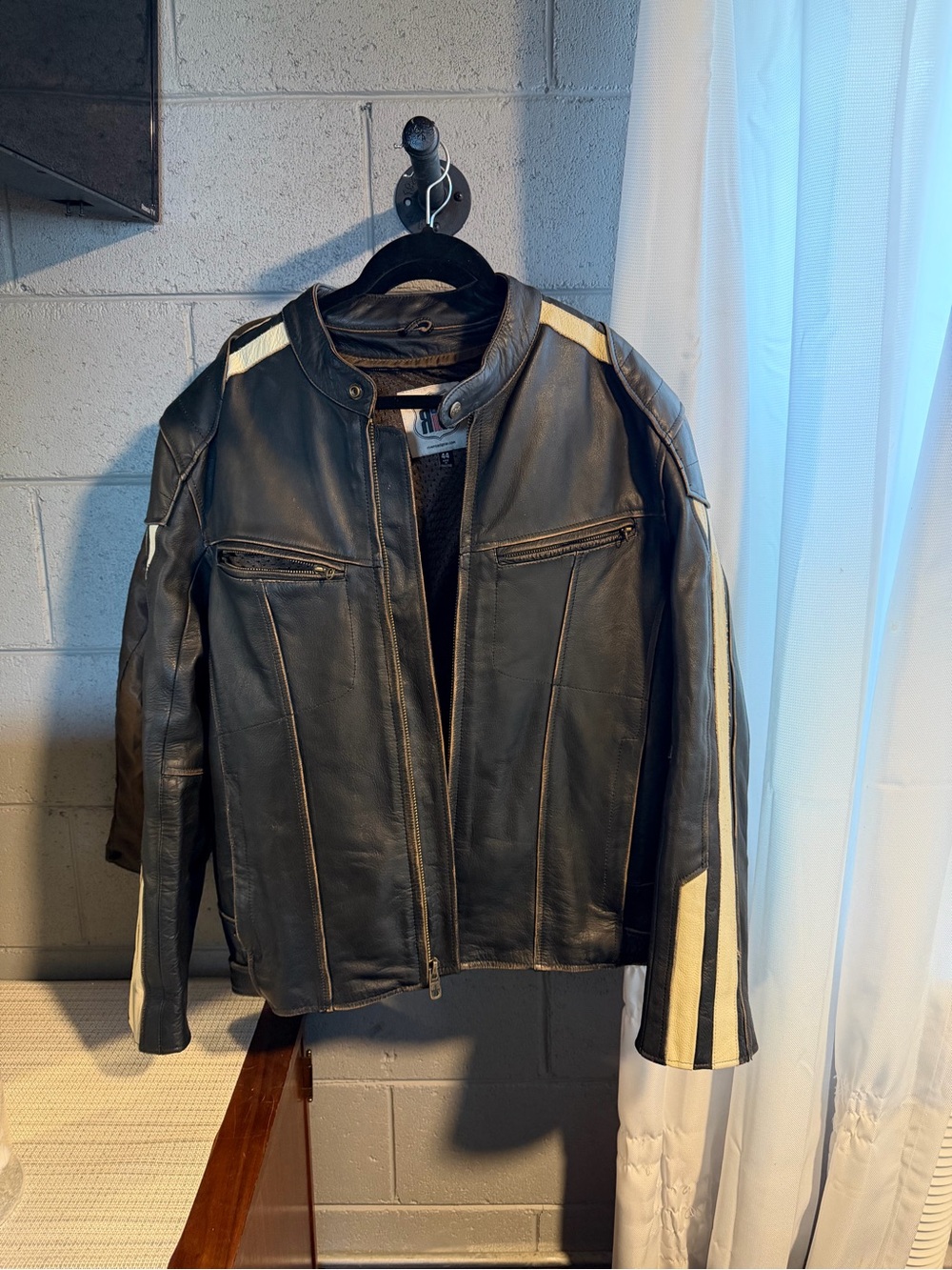 River Road Black Leather Motorcycle Jacket with Cream Racing Stripes